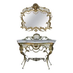 19th Century French Bronze Console Table or Vanity with White Marble Top and Cre