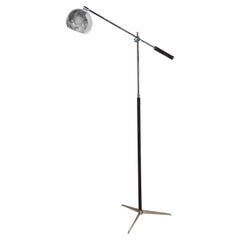 Arteluce Style Chrome, Black Enamel & Leather Tripod Globe Shade Floor Lamp 