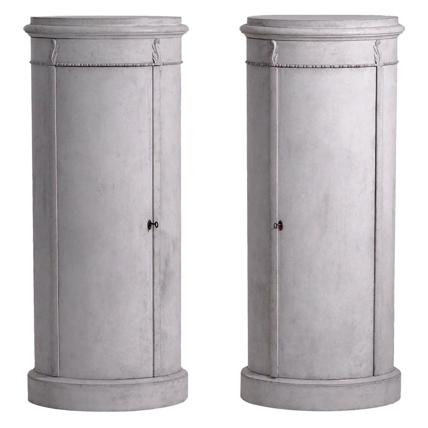19th Century Grey Swedish Gustavian Pair of Antique Pinewood Pedestal Cabinets For Sale