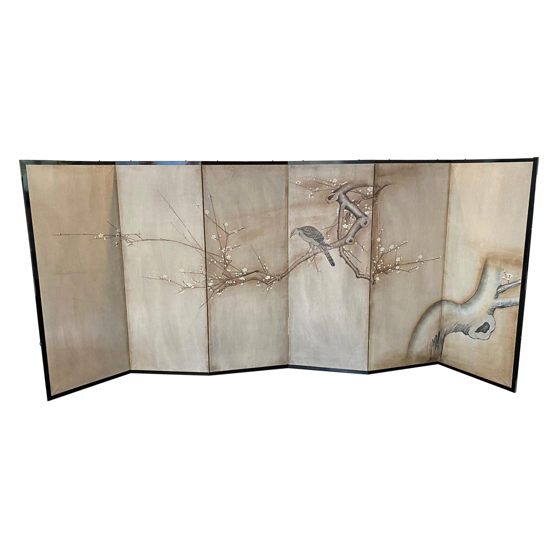 Exceptionally Large Japanese Screen with Pine Tree and Peonies For Sale