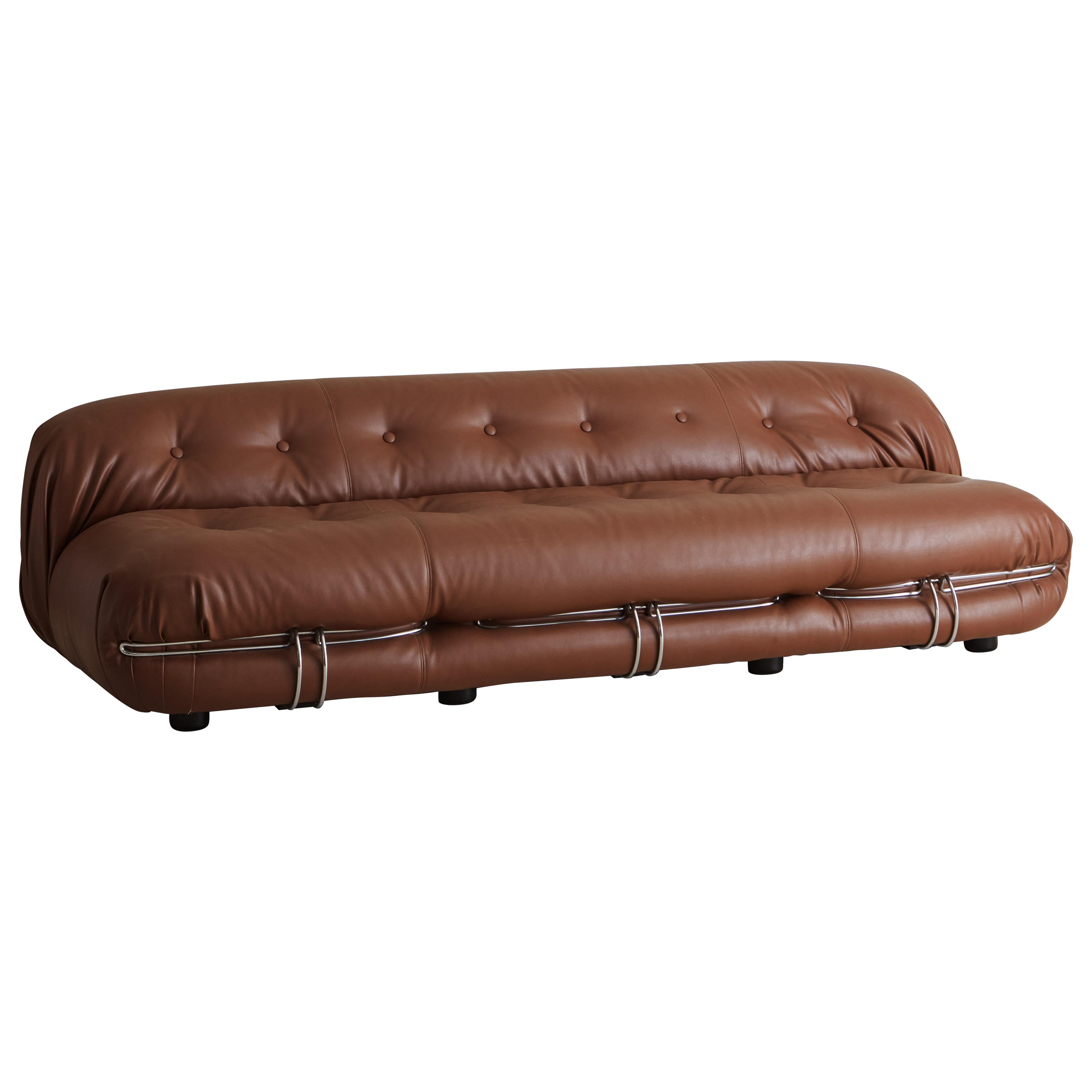 Three Seat Soriana Sofa by Afra and Tobia Scarpa for Cassina in Cognac Vinyl