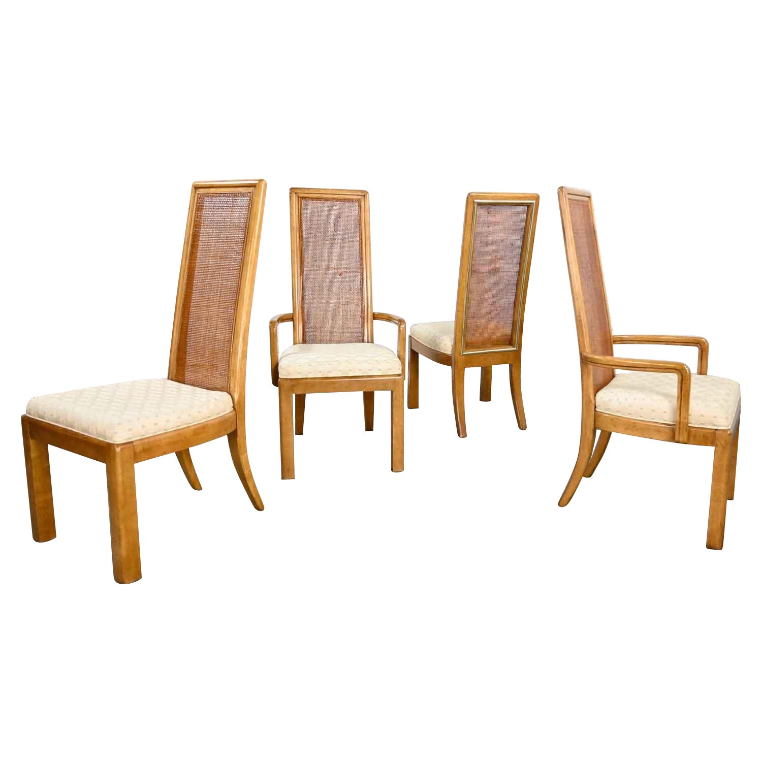 American of Martinsville Campaign Light Wood & Cane Dining Chairs 2 Arm & 2 Side For Sale