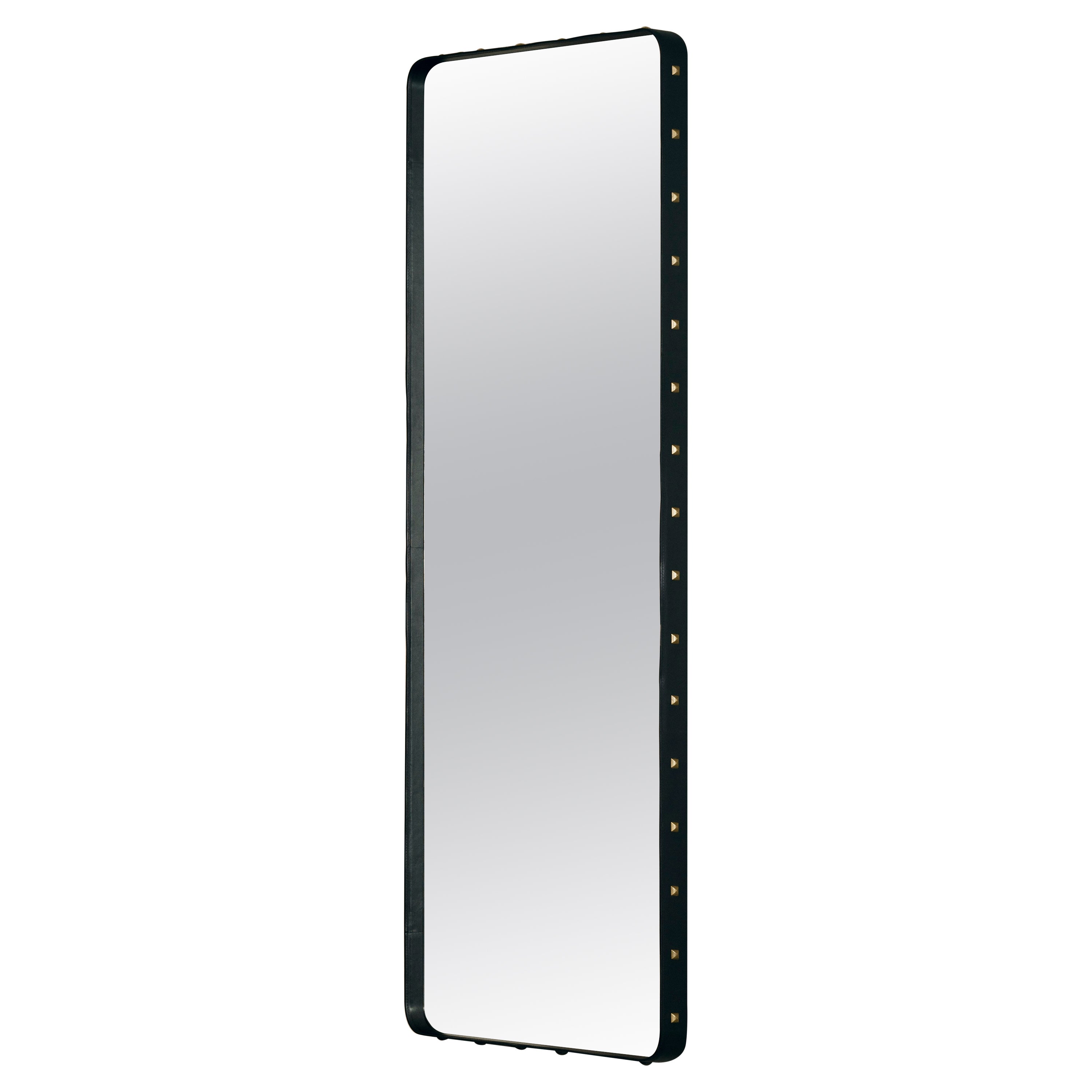 Large Jacques Adnet 'Rectangulaire Mirror' Wall Mirror in Black Leather for GUBI