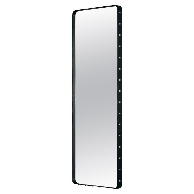 Large Jacques Adnet 'Rectangulaire Mirror' Wall Mirror in Black Leather for GUBI For Sale