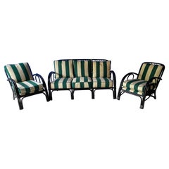 Retro Rattan Sofa and 2 Matching Lounging Arm Chairs