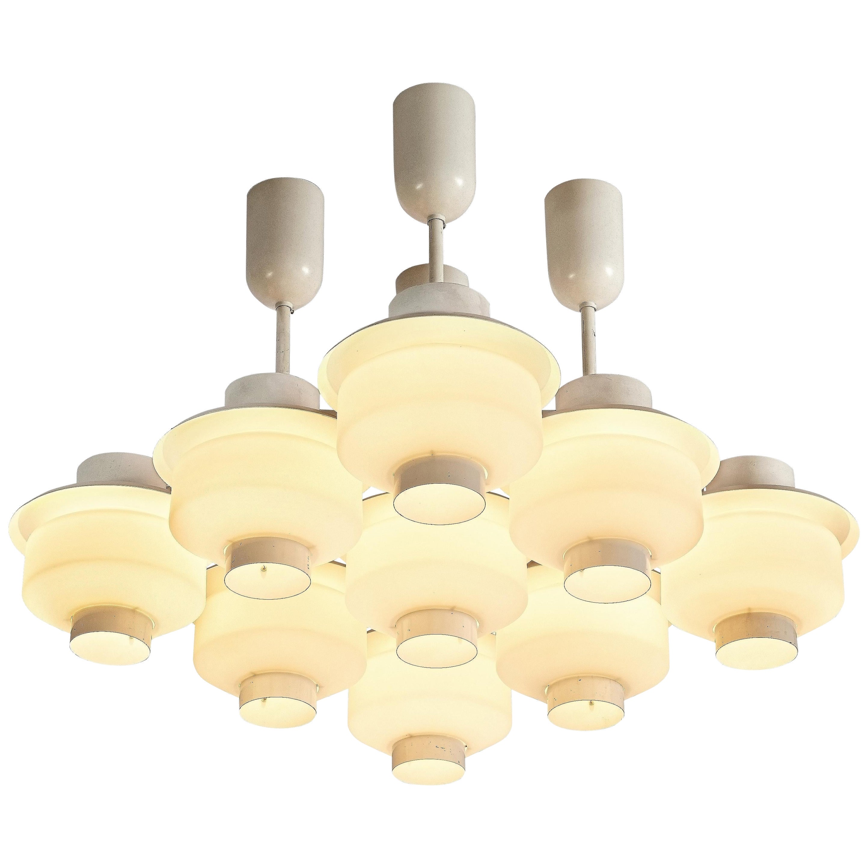 Paavo Tynell for Idman Rare Chandelier in White Steel and Opaline Glass For Sale