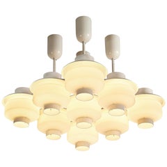 Paavo Tynell for Idman Rare Chandelier in White Steel and Opaline Glass