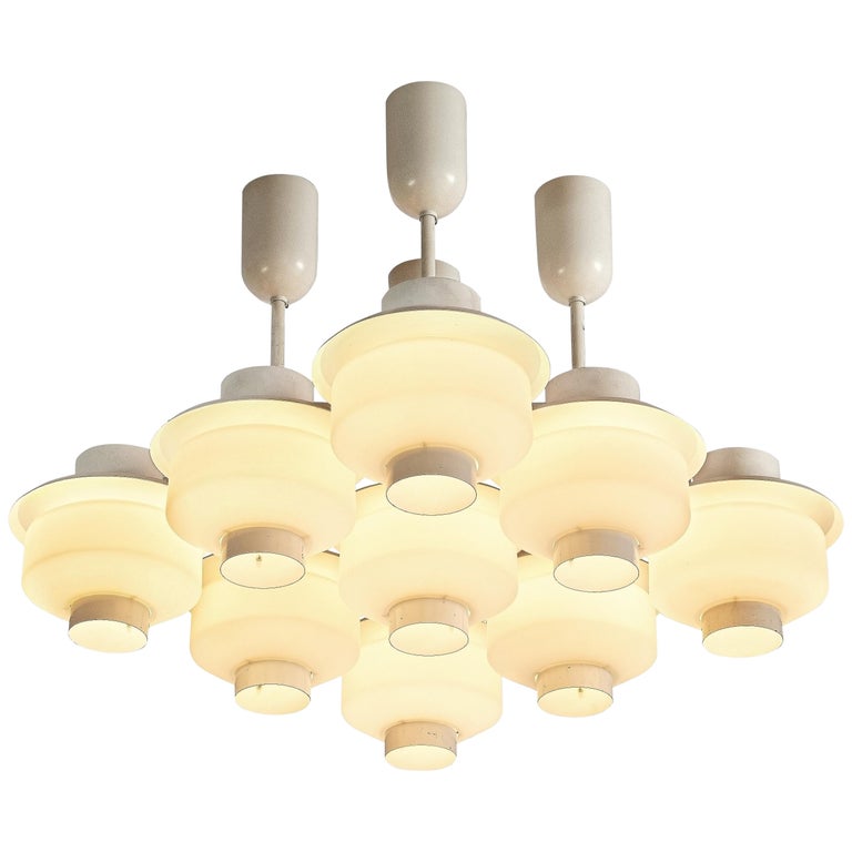 Paavo Tynell for Idman Rare Chandeliers in White Metal and Opaline Glass For Sale