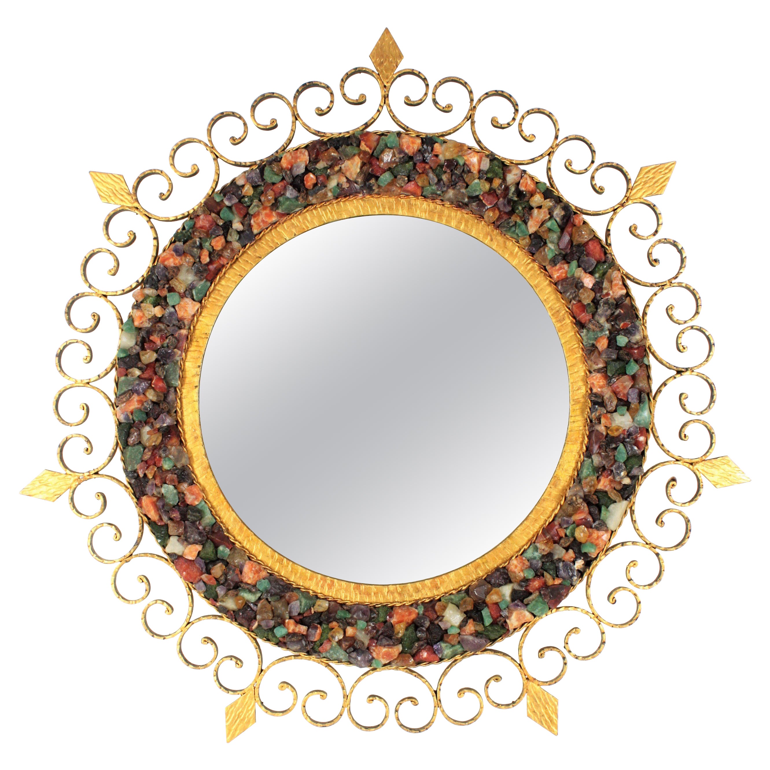 Sunburst Backlit Wall Mirror with Gemstone Gilt Iron Scrollwork Frame