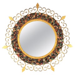 Sunburst Backlit Wall Mirror with Gemstone Gilt Iron Scrollwork Frame