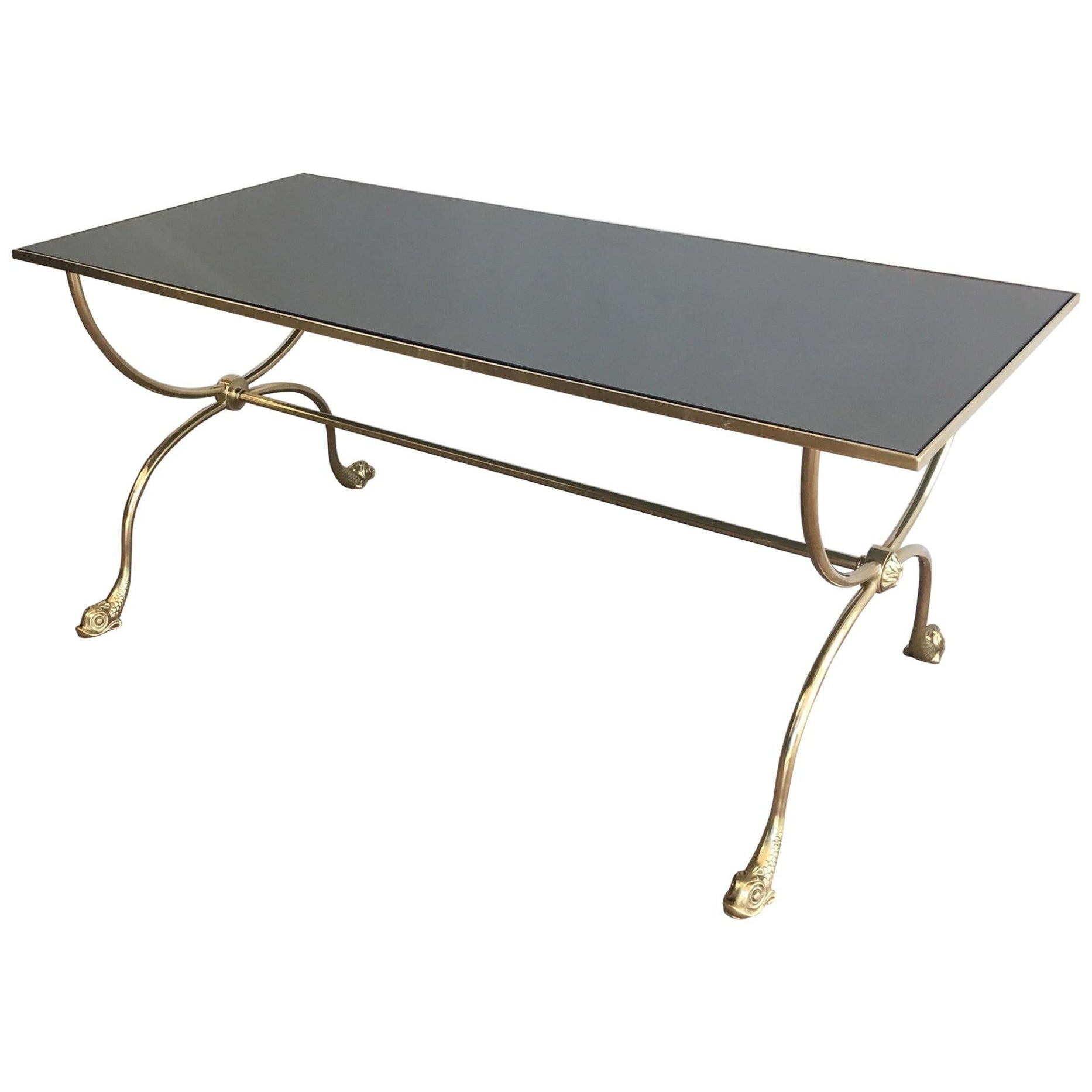 Neoclassical Style Brass Coffee Table with Dolphins Heads and Mirror Top For Sale