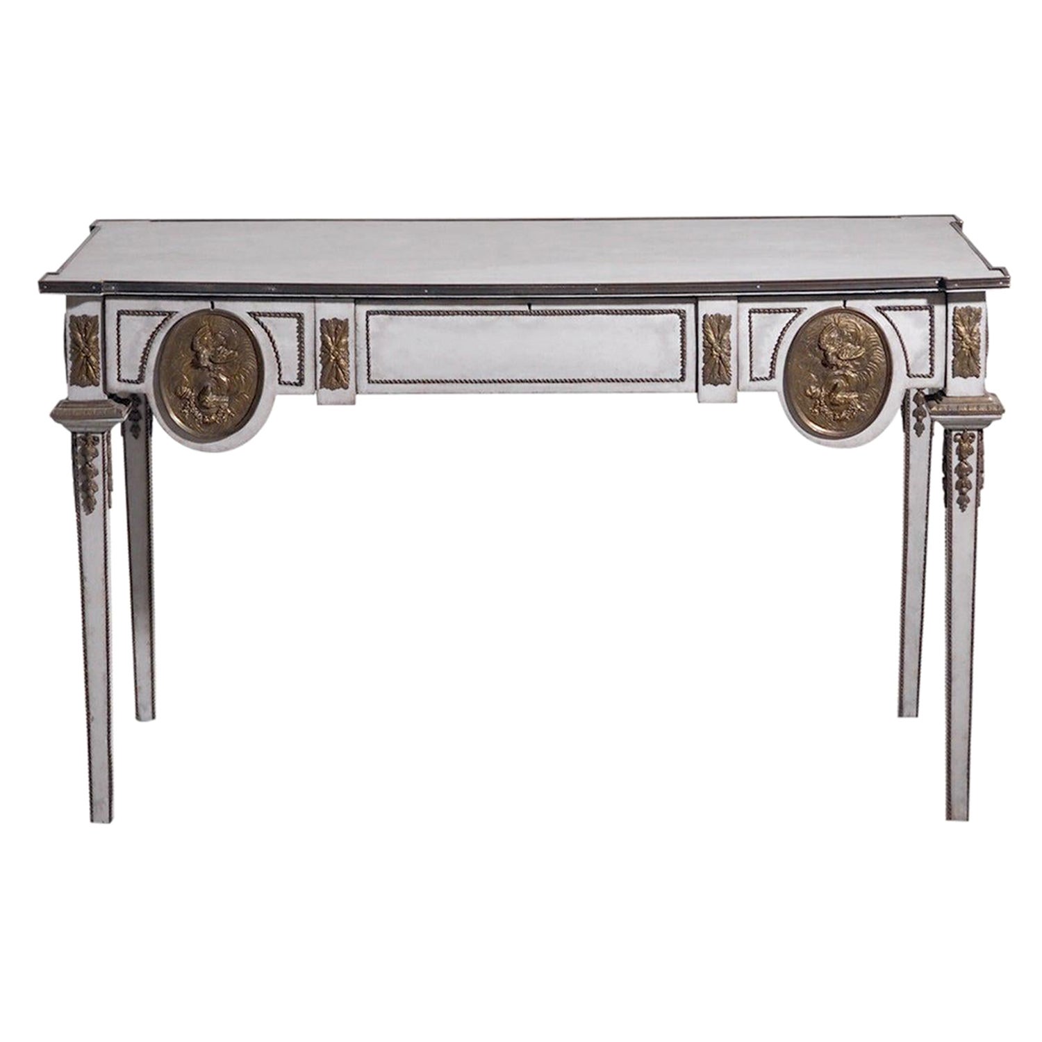 Partner-Schreibtisch aus grauem französischem Eichenholz des 19. Jahrhunderts – antiker Bronze-Schreibtisch im Angebot