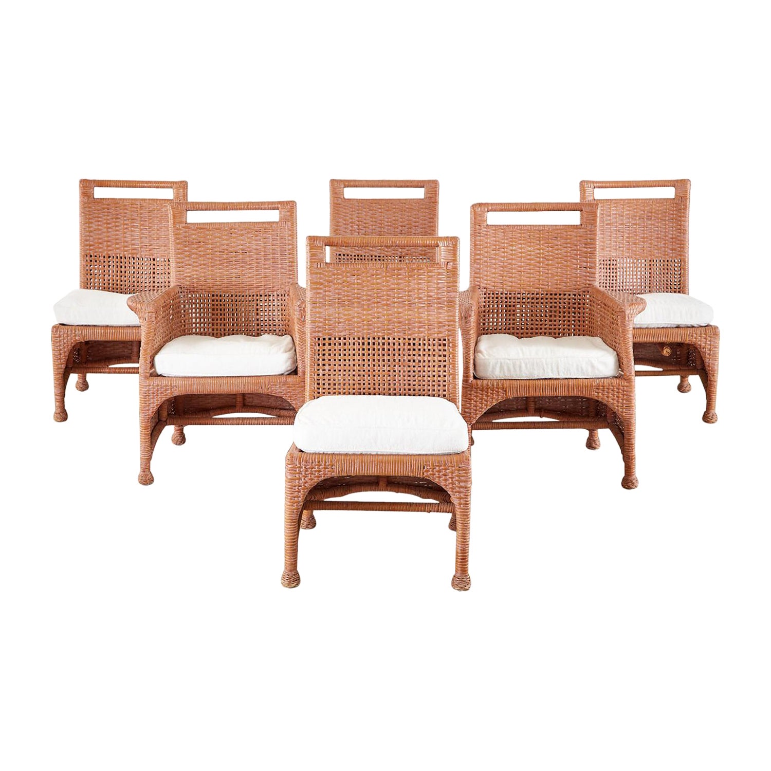Set of Six McGuire Coral Wicker Rattan Dining Chairs