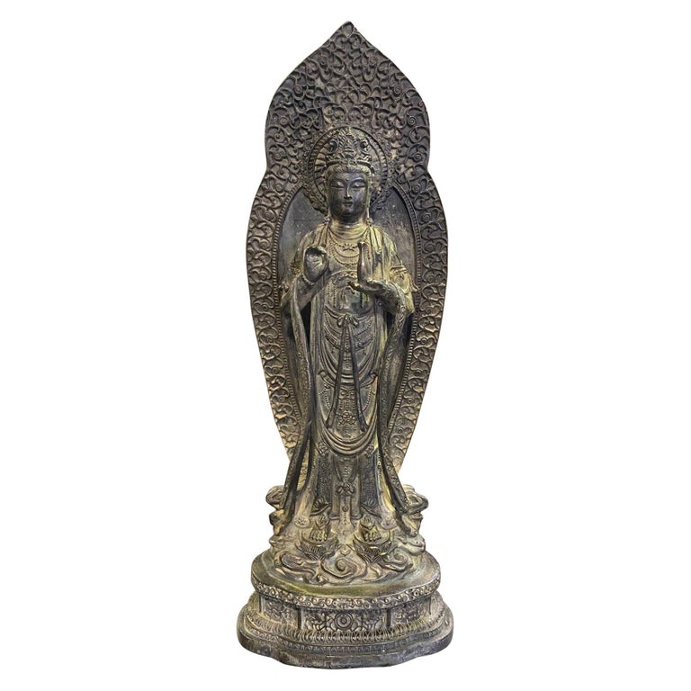 Bronze Signed Chinese Standing Buddha Guanyin Bodhisattva of Compassion Statue For Sale