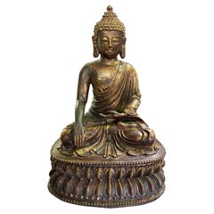 Chinese Bronze and Gilt Seated Temple Shrine Buddha Statue Sculpture