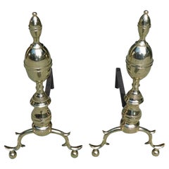 American Brass Lemon Finial Andirons with Spur Legs and Ball Feet, NY C. 1790