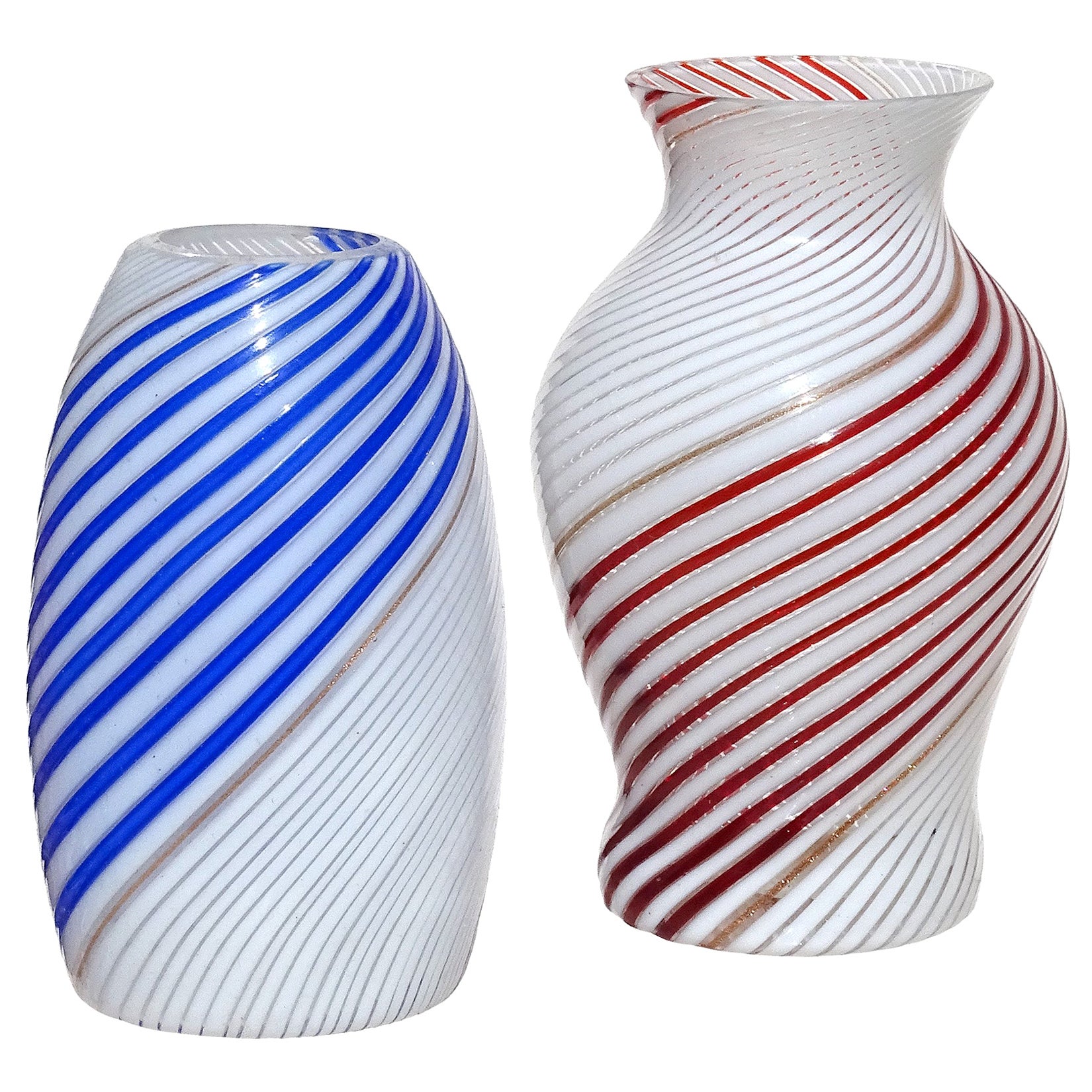Dino Martens Murano 50s Red White Blue Ribbons Italian Art Glass Flower Vases