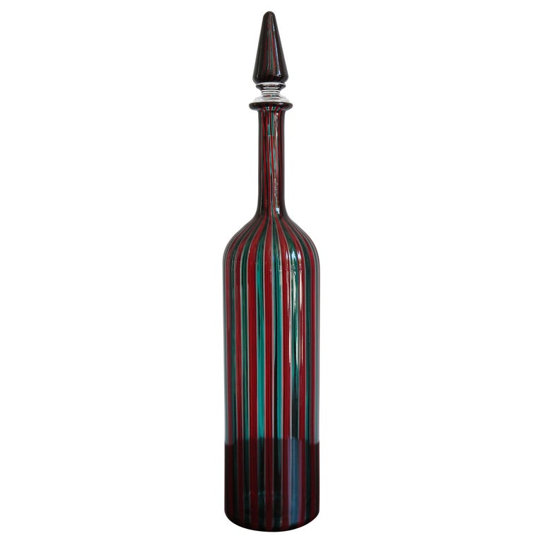 Fulvio Bianconi for Venini Murano Italy Red and Green Glass Bottle, 1988 For Sale