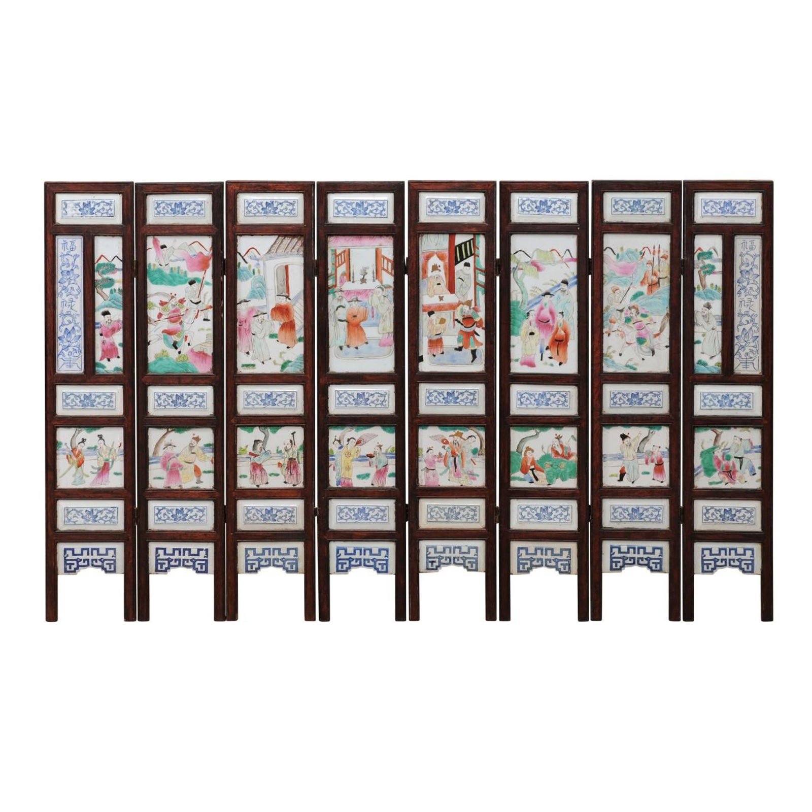 8-Panel Framed Porcelain Tile Screen, 19th Century Chinese Export