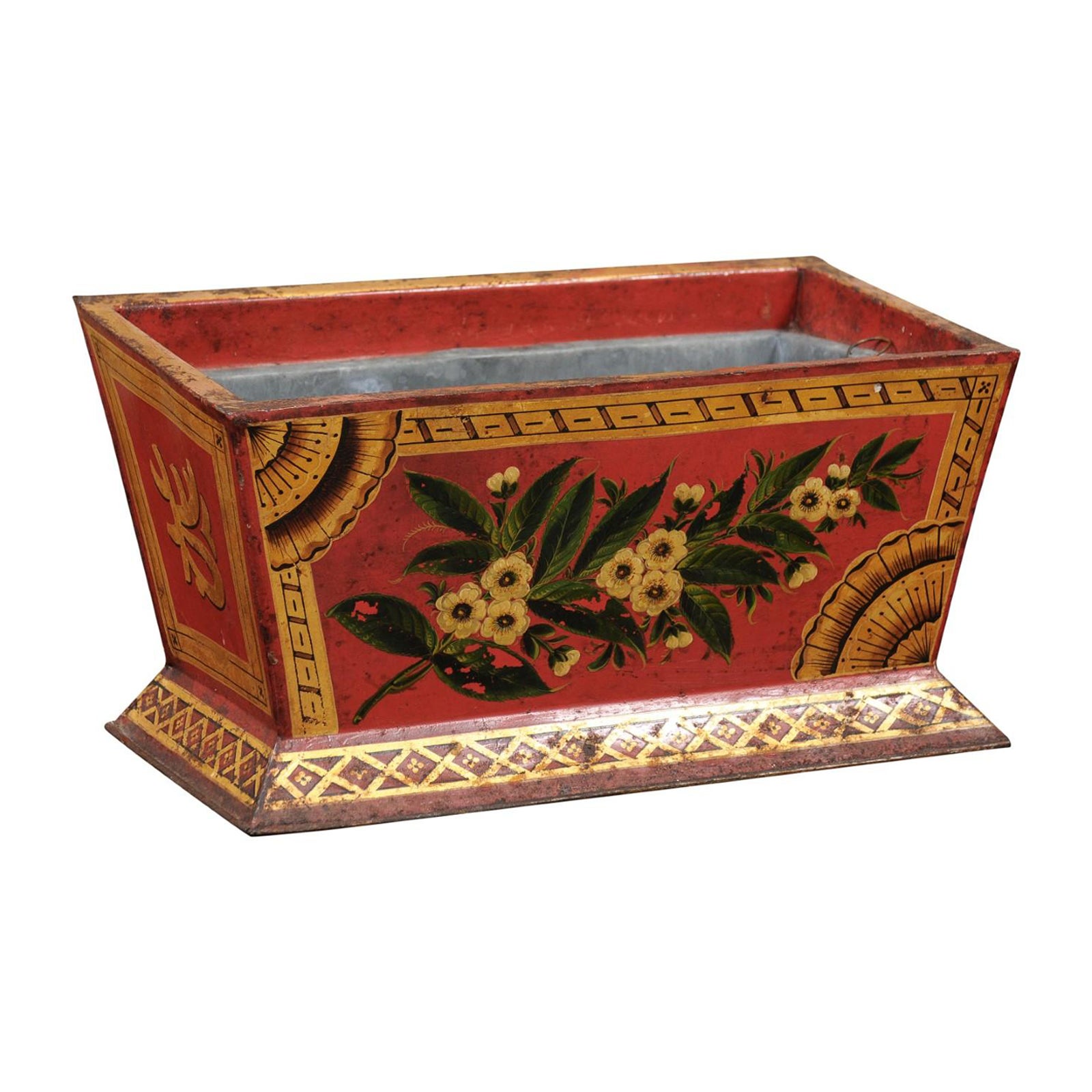 19th Century French Red Painted Tole Planter with Gilt Floral Decoration For Sale