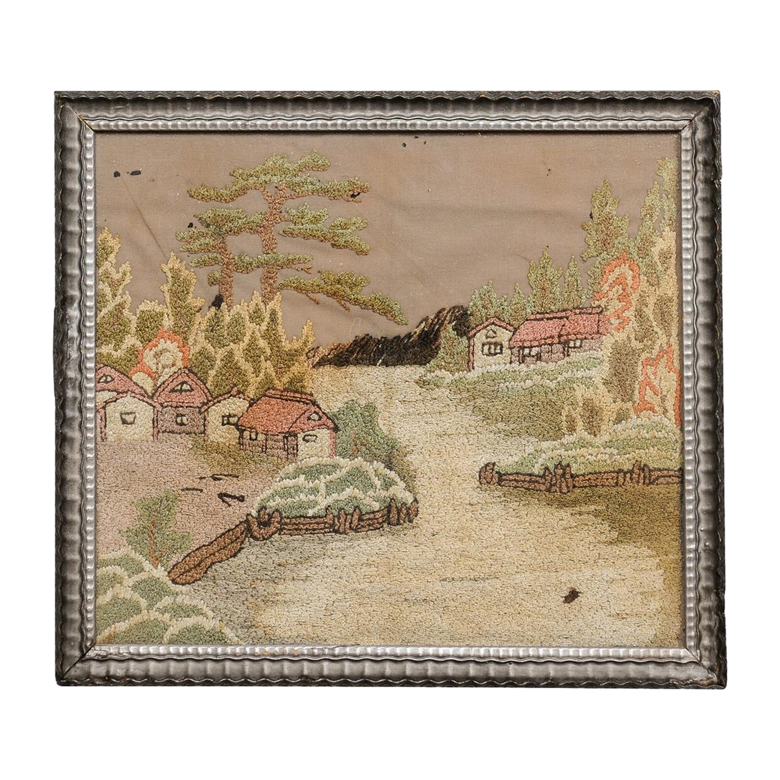 Framed 19th Century English Embroidery of a Country Landscape