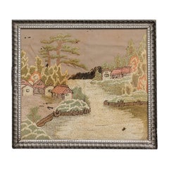 Antique  Framed 19th Century English Embroidery of a Country Landscape