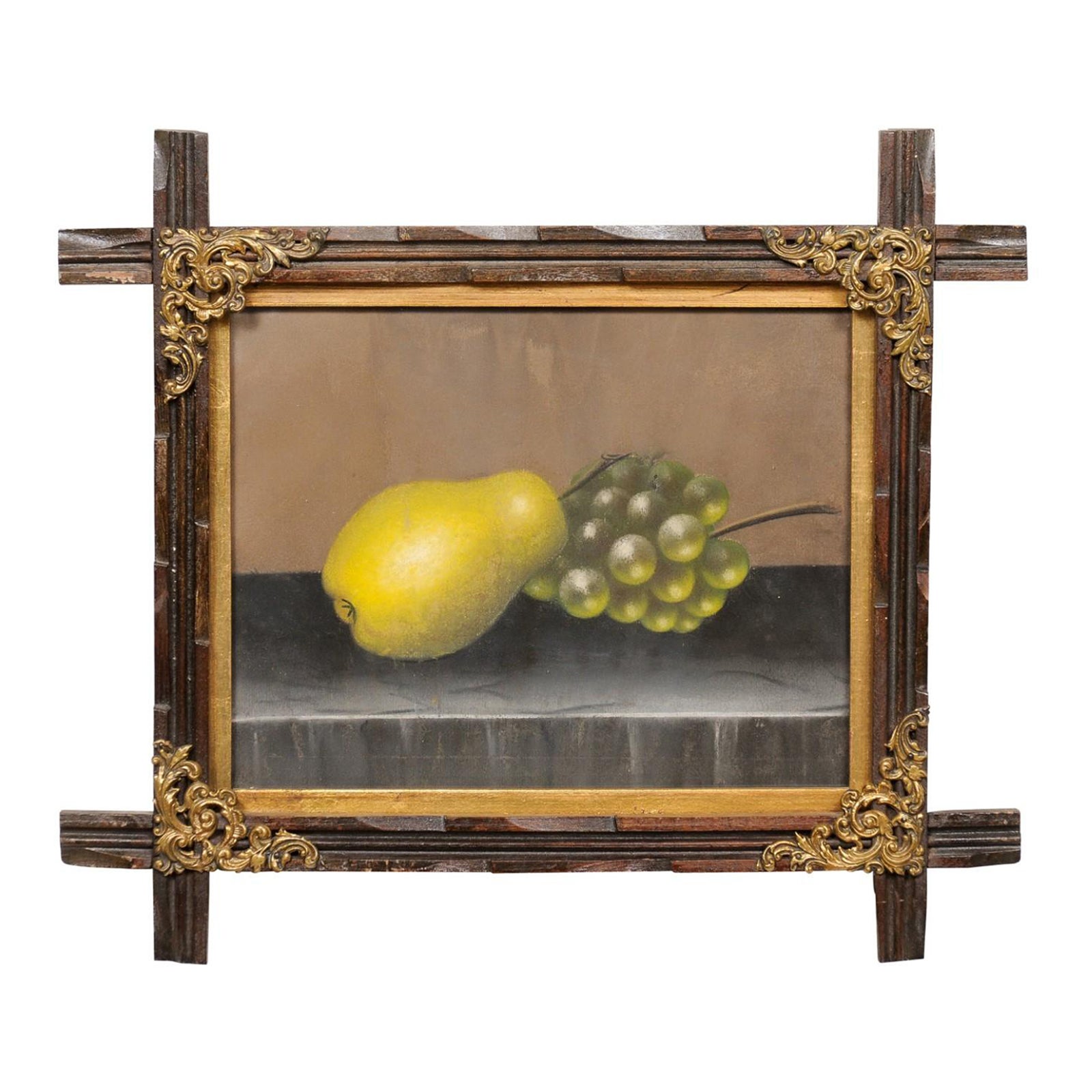 Framed Pastel Still-life Painting of Grapes & Pear, Late 19th Century For Sale