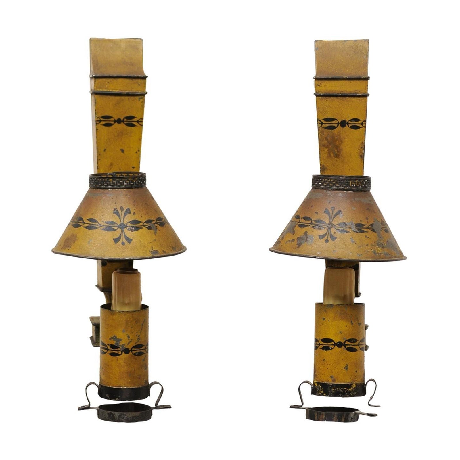 Pair of Directoire Period Yellow & Black Painted Tole Scones, France ca. 1800 For Sale