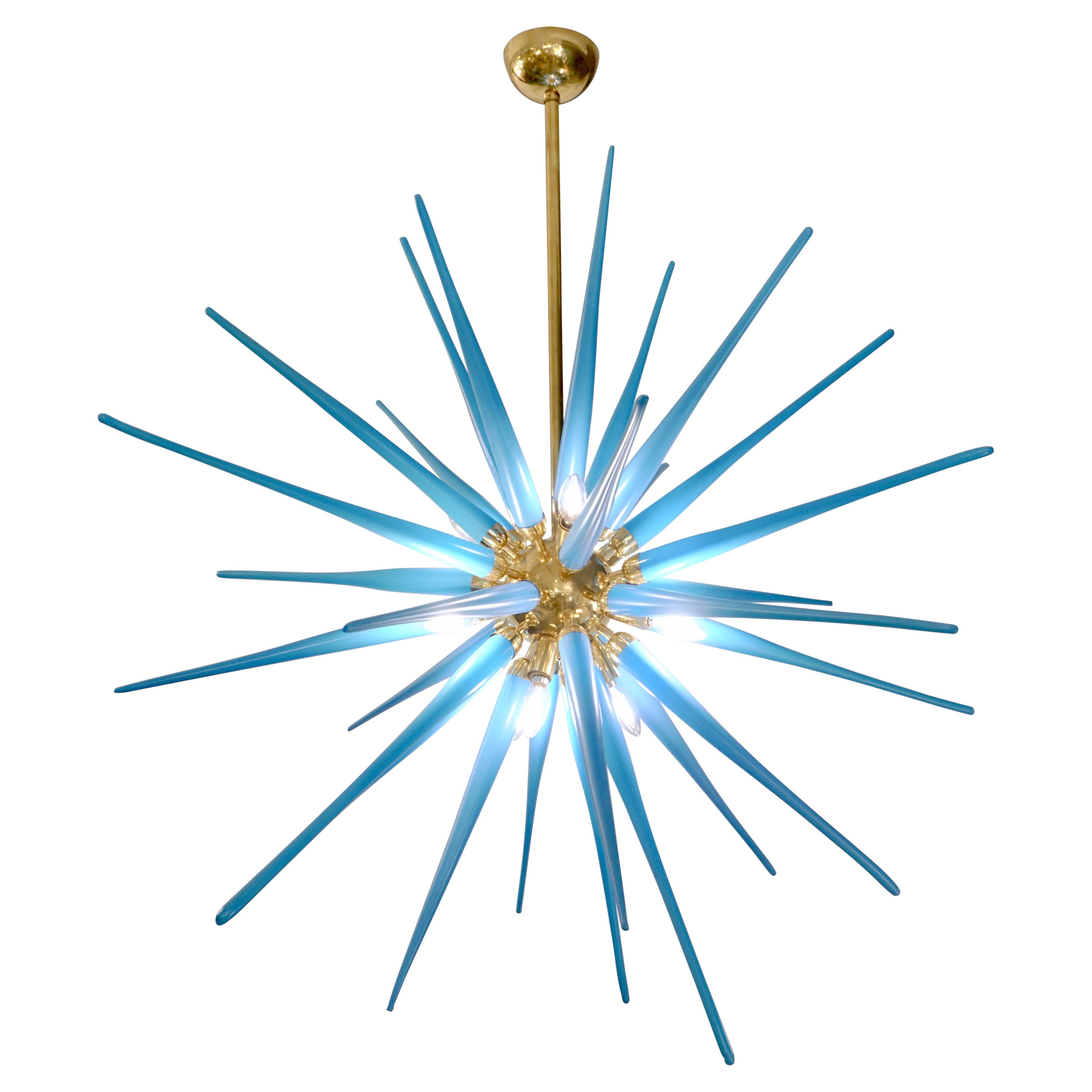 Contemporary Italian Aquamarine Blue Murano Glass Paste Modern Brass Sputnik For Sale