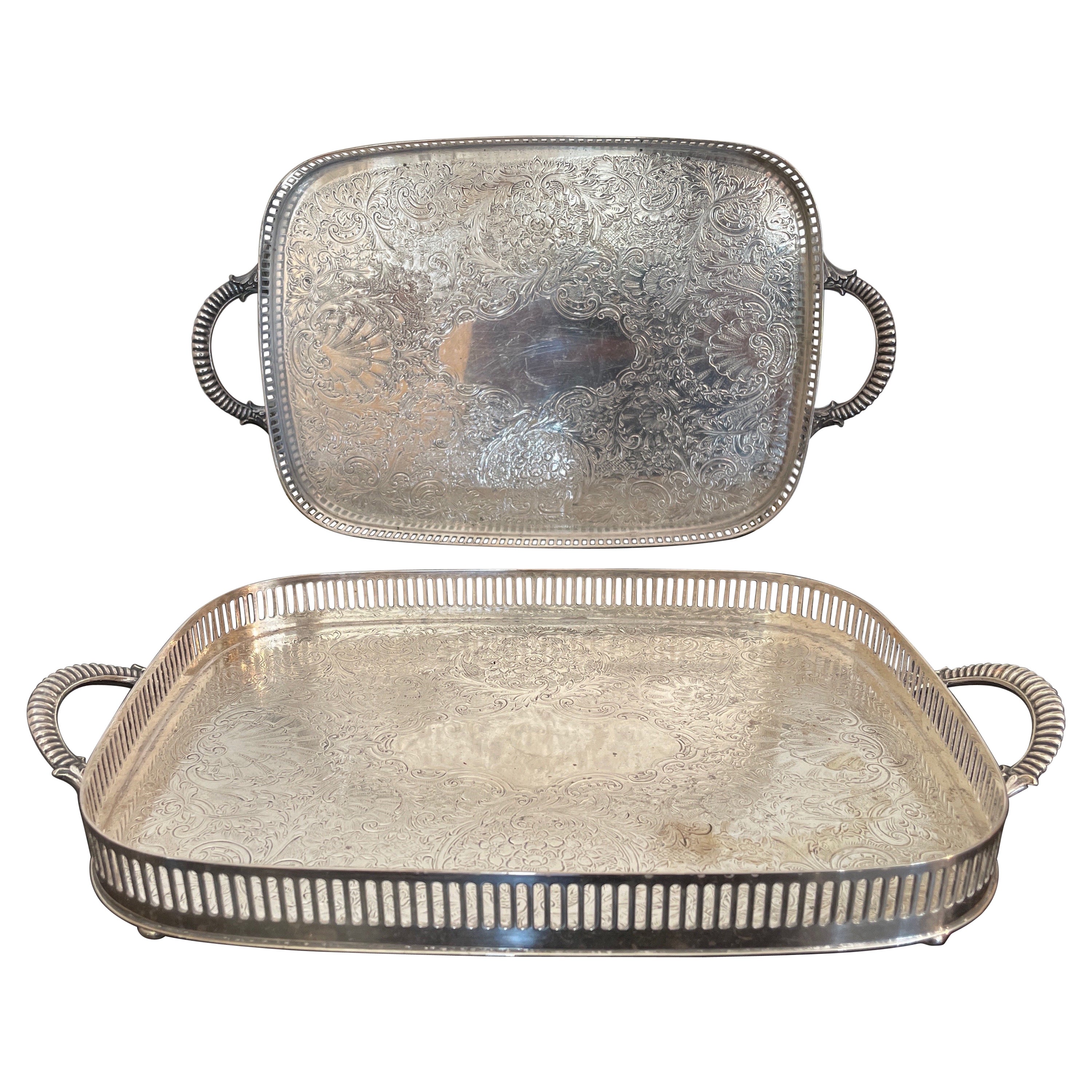 Pair of Small Silver Plate Footed Gallery Trays