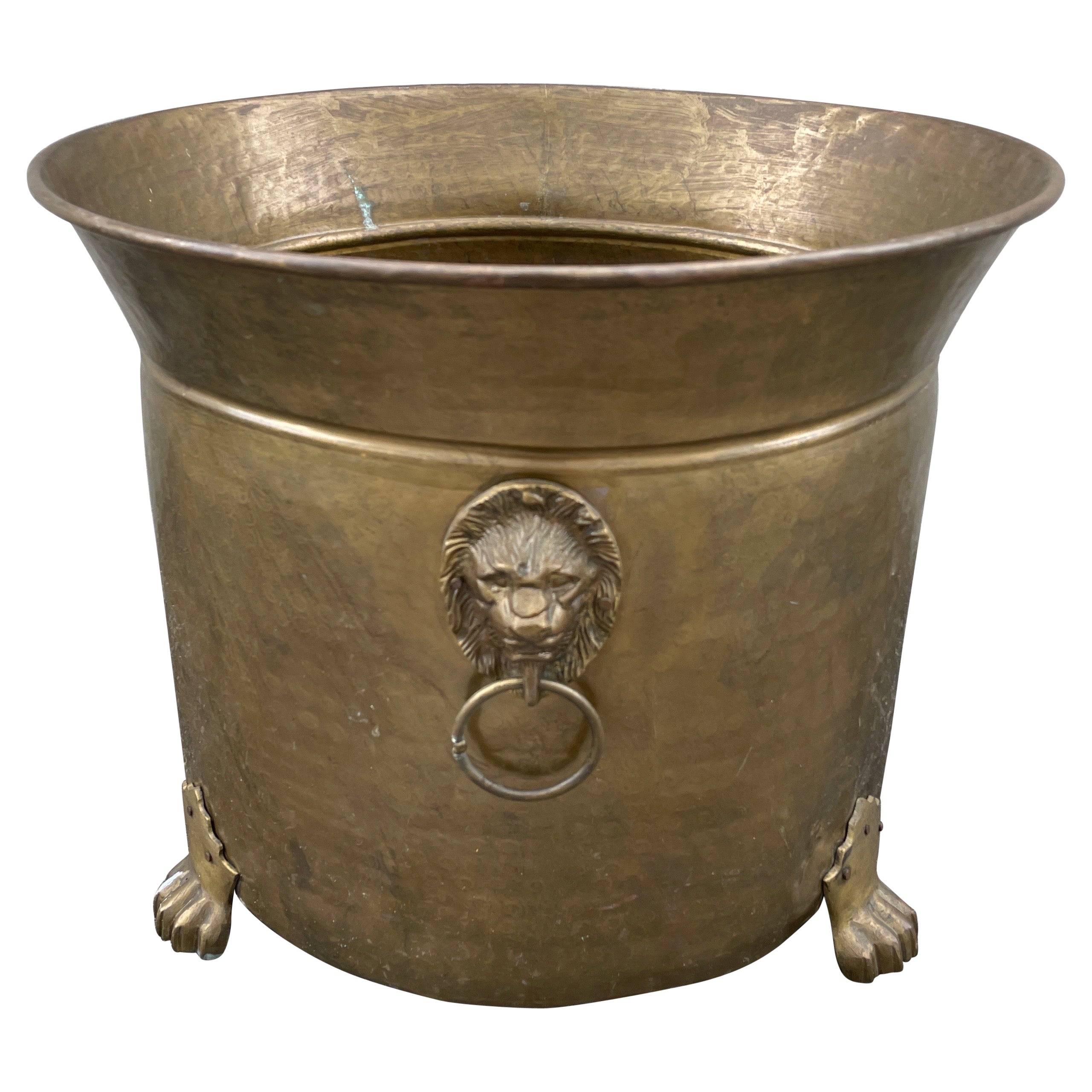 Large Footed Brass Planter with Lion Head Handles