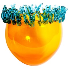 Vintage Murano Glass Bowl, Orange with Blue Appliques, signed Barovier
