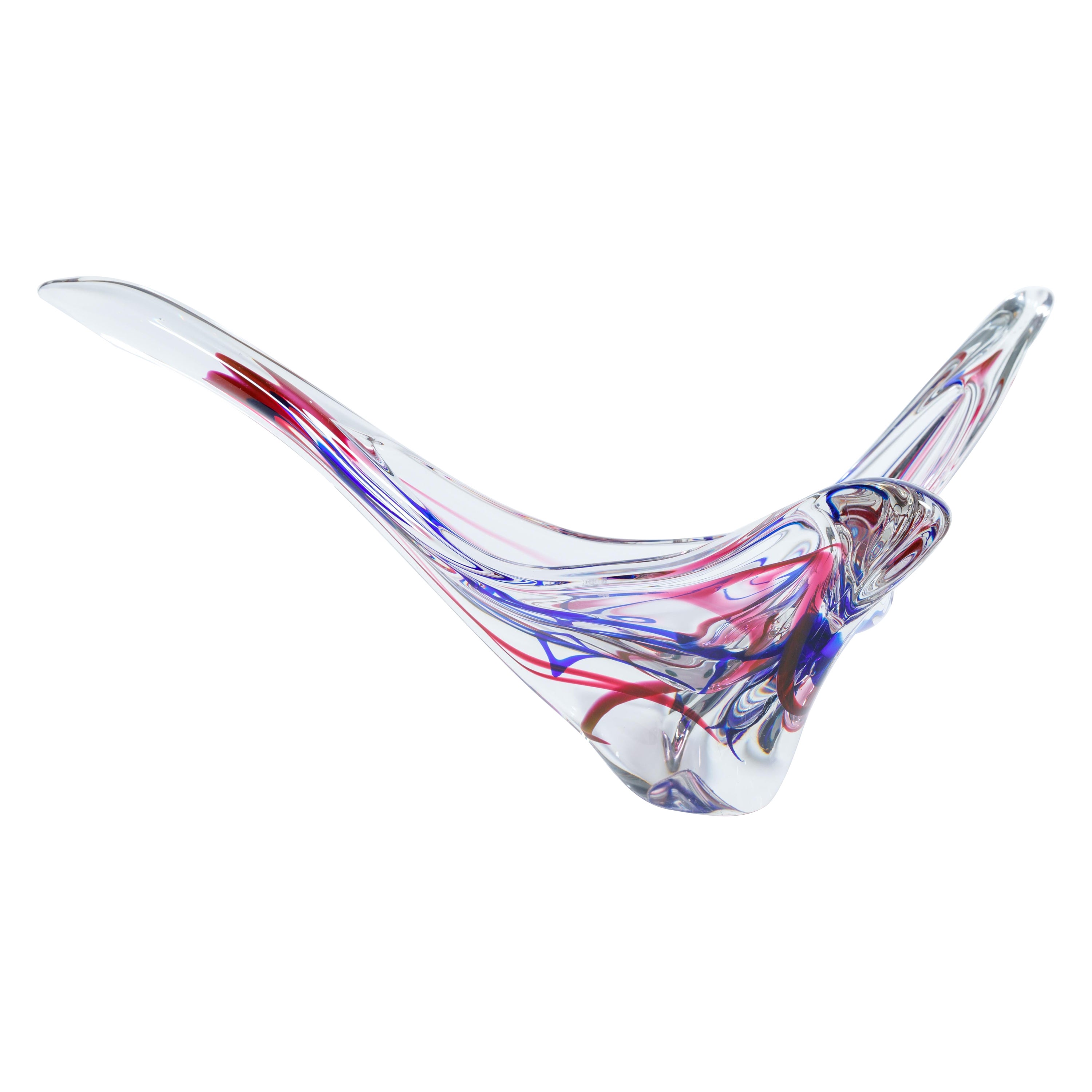 Clear, Red and Blue Abstract Murano Glass Bowl