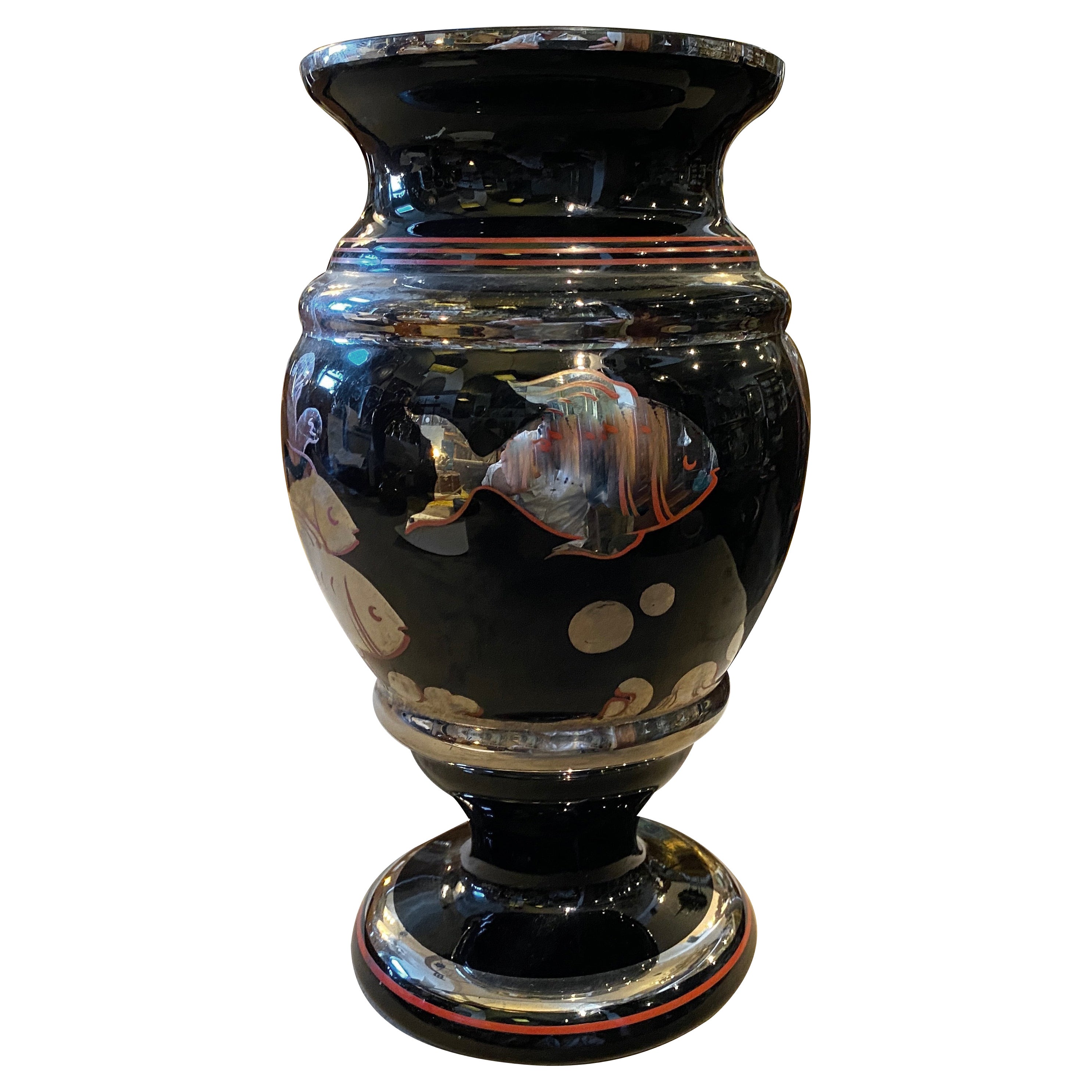 1930s Art Deco Sterling Silver and Black Glass Italian Vase For Sale