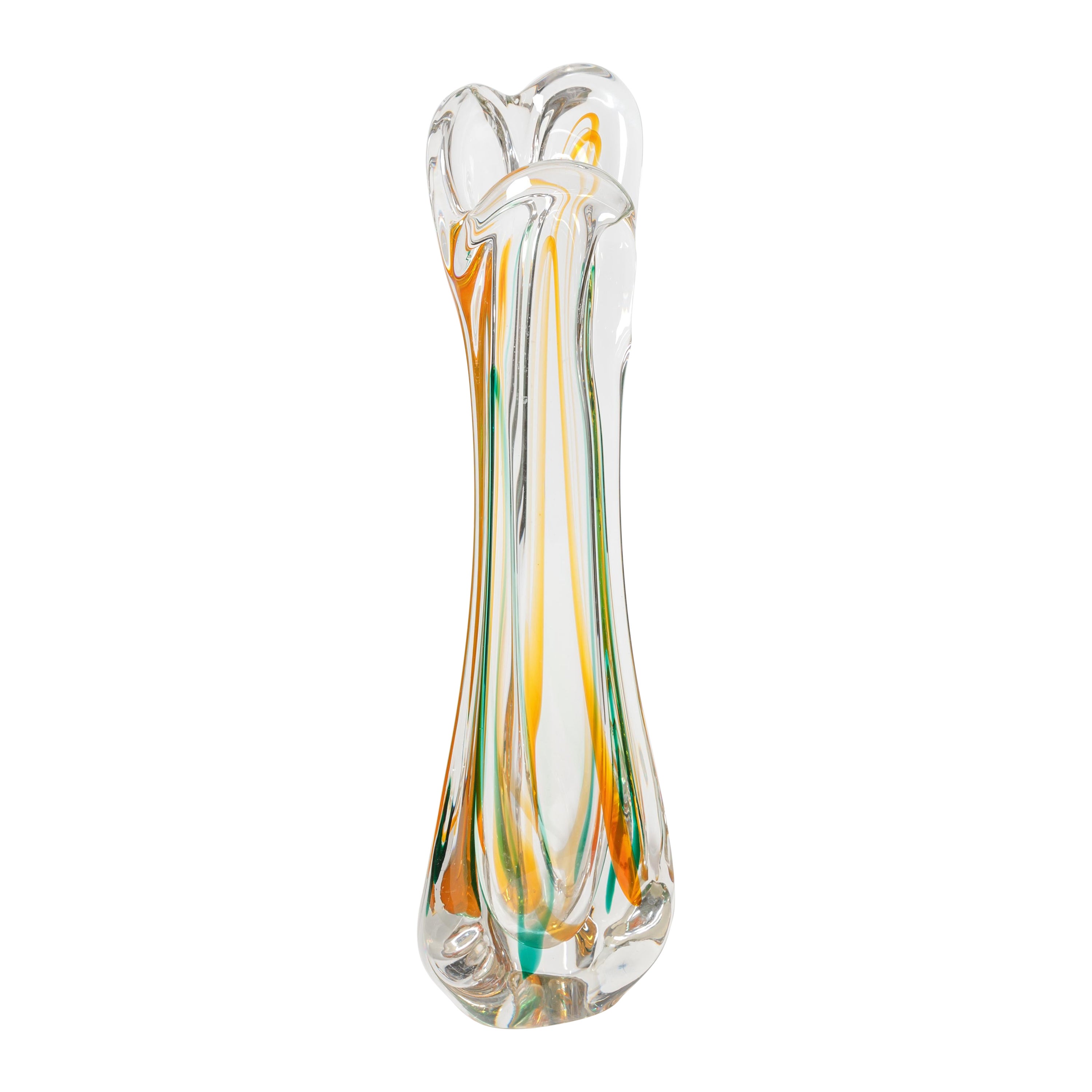 Clear Murano Glass Vase with Green and Gold, signed For Sale