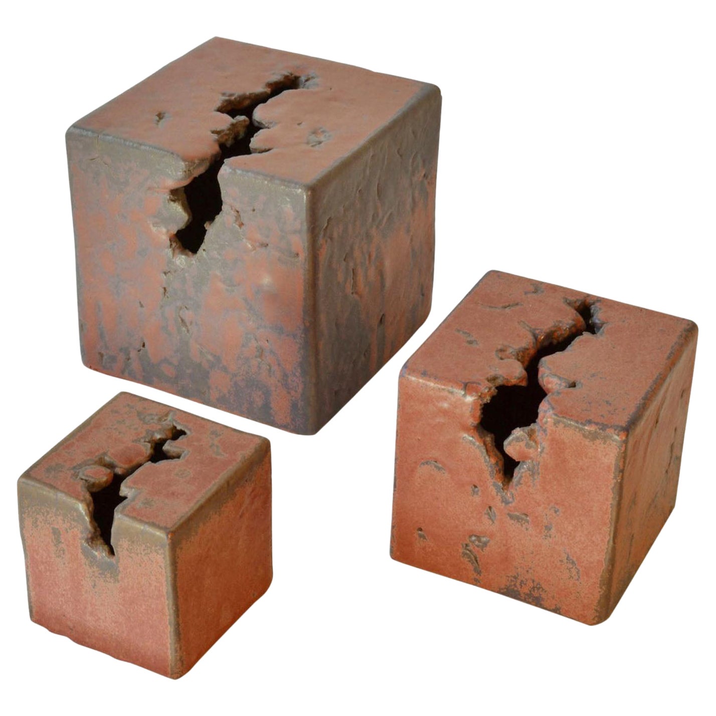 Set of Three Abstract Ceramic Cube Sculptures For Sale