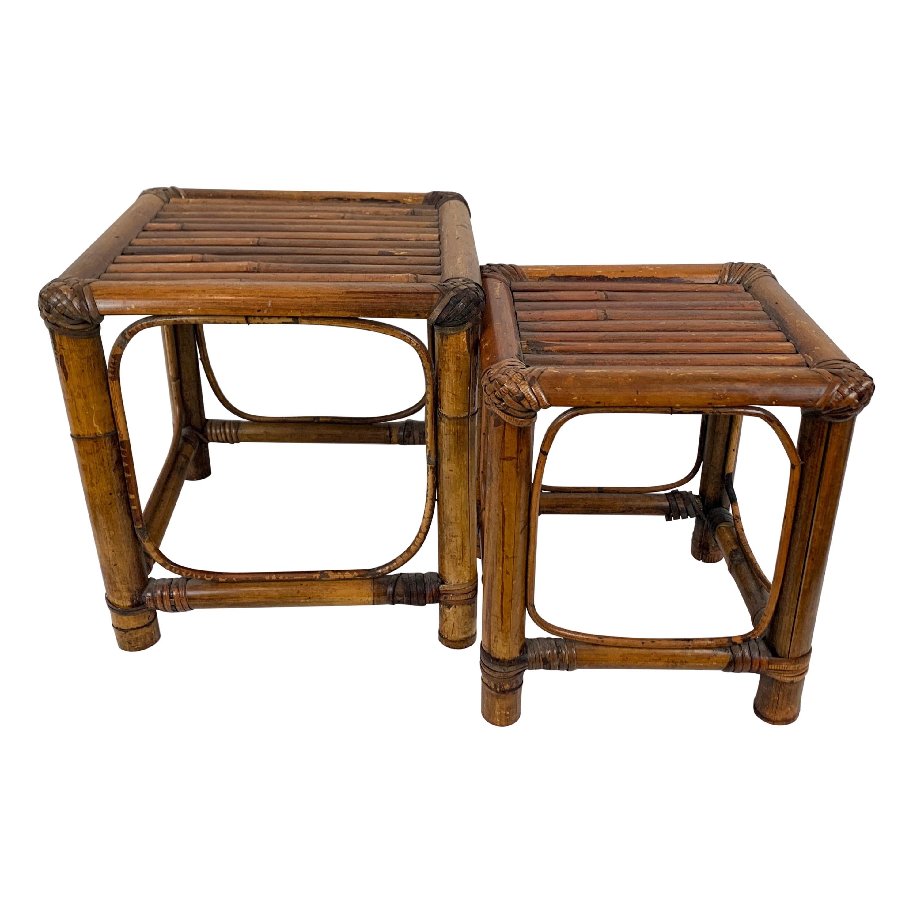 Set of Two Stacking Bamboo Tables with Added Beveled Glass Tops
