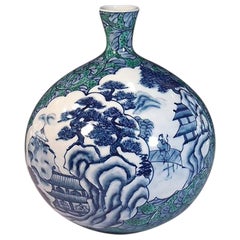 Blue Green Japanese Contemporary Porcelain Vase by Master Artist