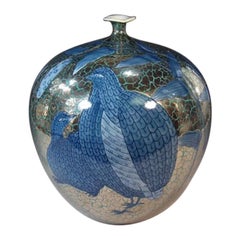 Vase japonais contemporain en porcelaine bleu platine vert par un maître artiste, 3 pièces