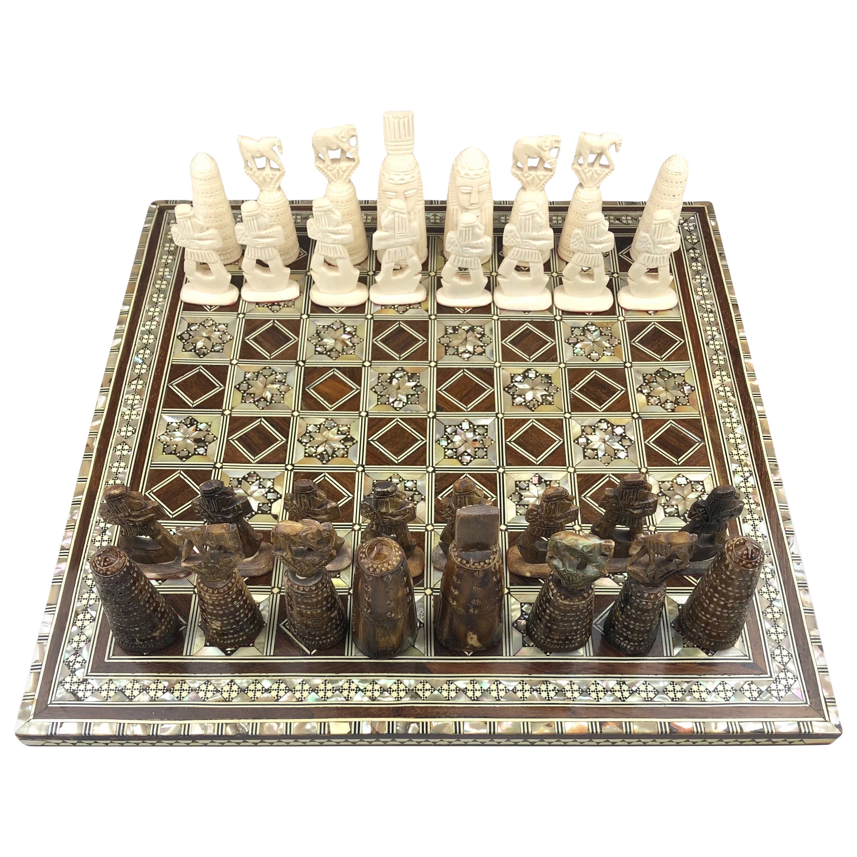 Mother-of-Pearl and Wooden Inlaid Marquetry Chess Set