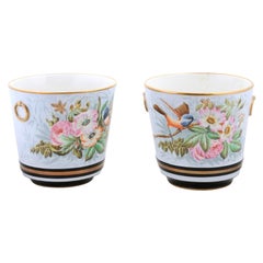 Pair of French 19th Century Paris Porcelain Cachepots Planters with Bird Motifs