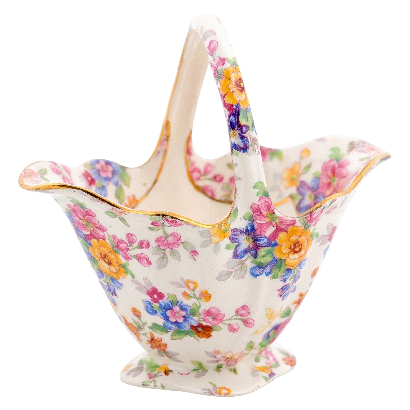 English 1952 Vintage Royal Winton Porcelain Basket with Colorful Floral Décor