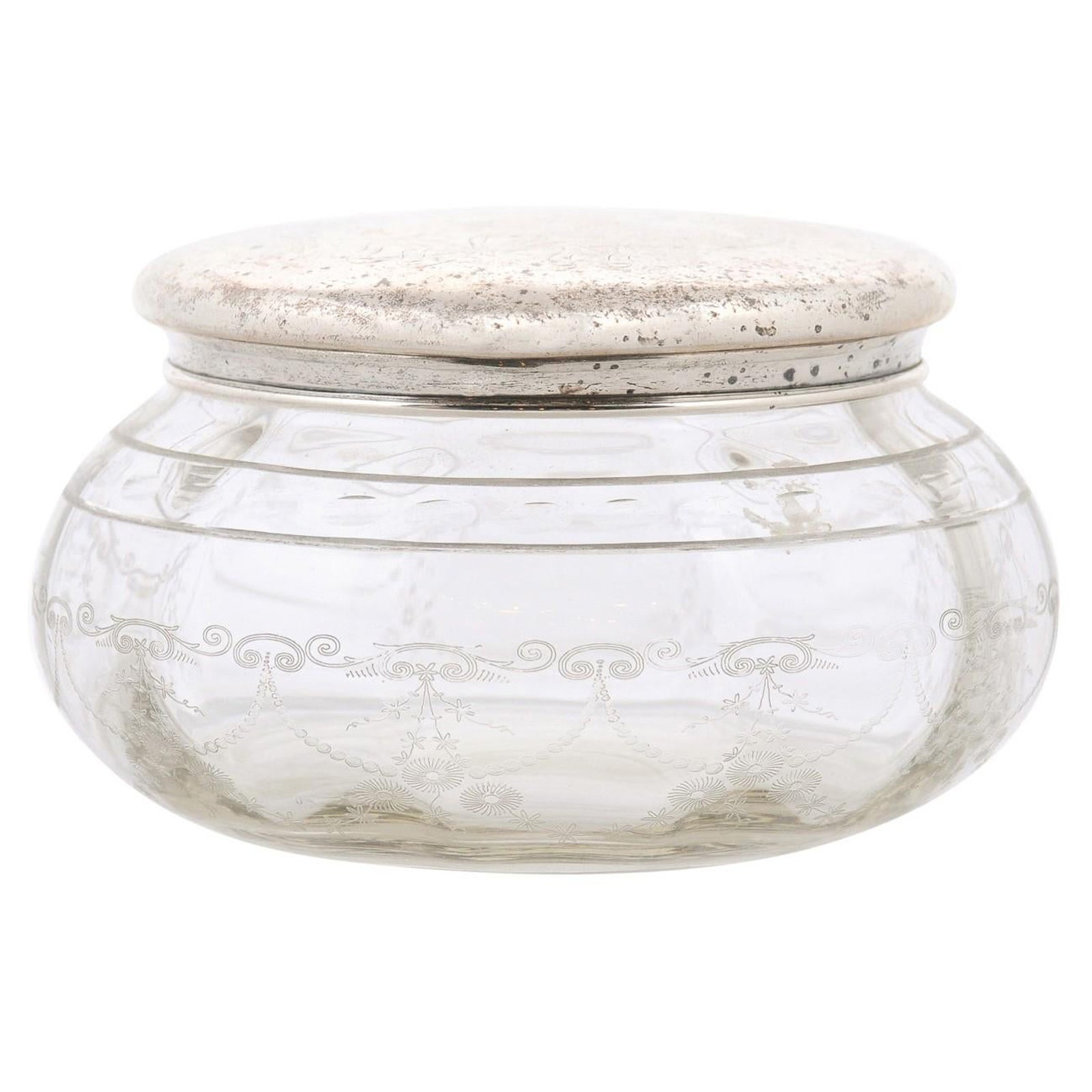 Small English 1920s Glass Vanity Jar with Incised Silver Lid and Etched Design For Sale