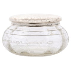 Small English 1920s Glass Vanity Jar with Incised Silver Lid and Etched Design