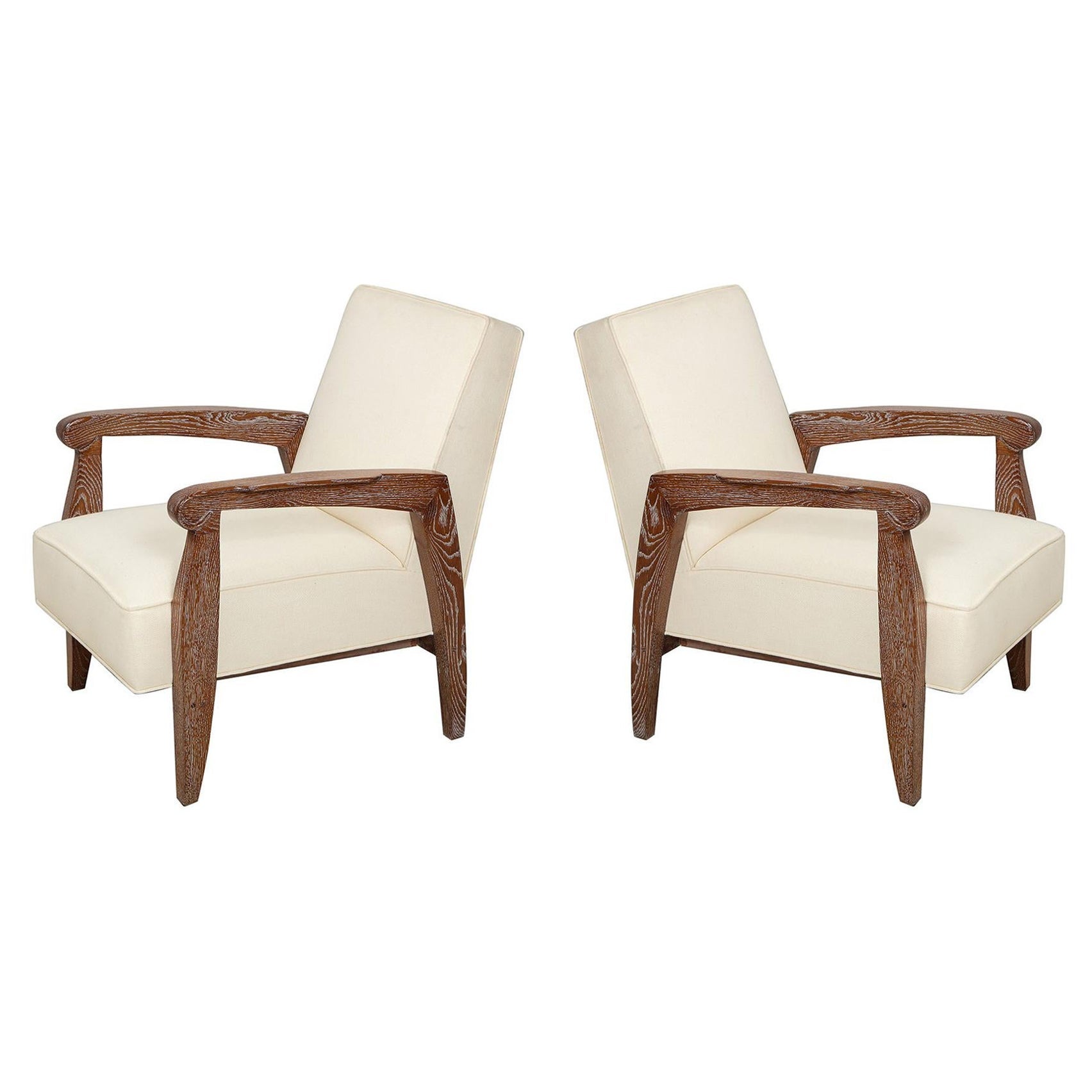 Custom Pair of Cerused Oak Lounge Chairs