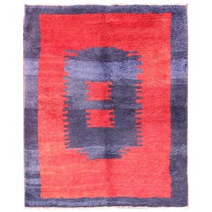 Retro  Turkish Tulu Rug with Modern Minimalist Design in Blue, Red and Luxurious Wool