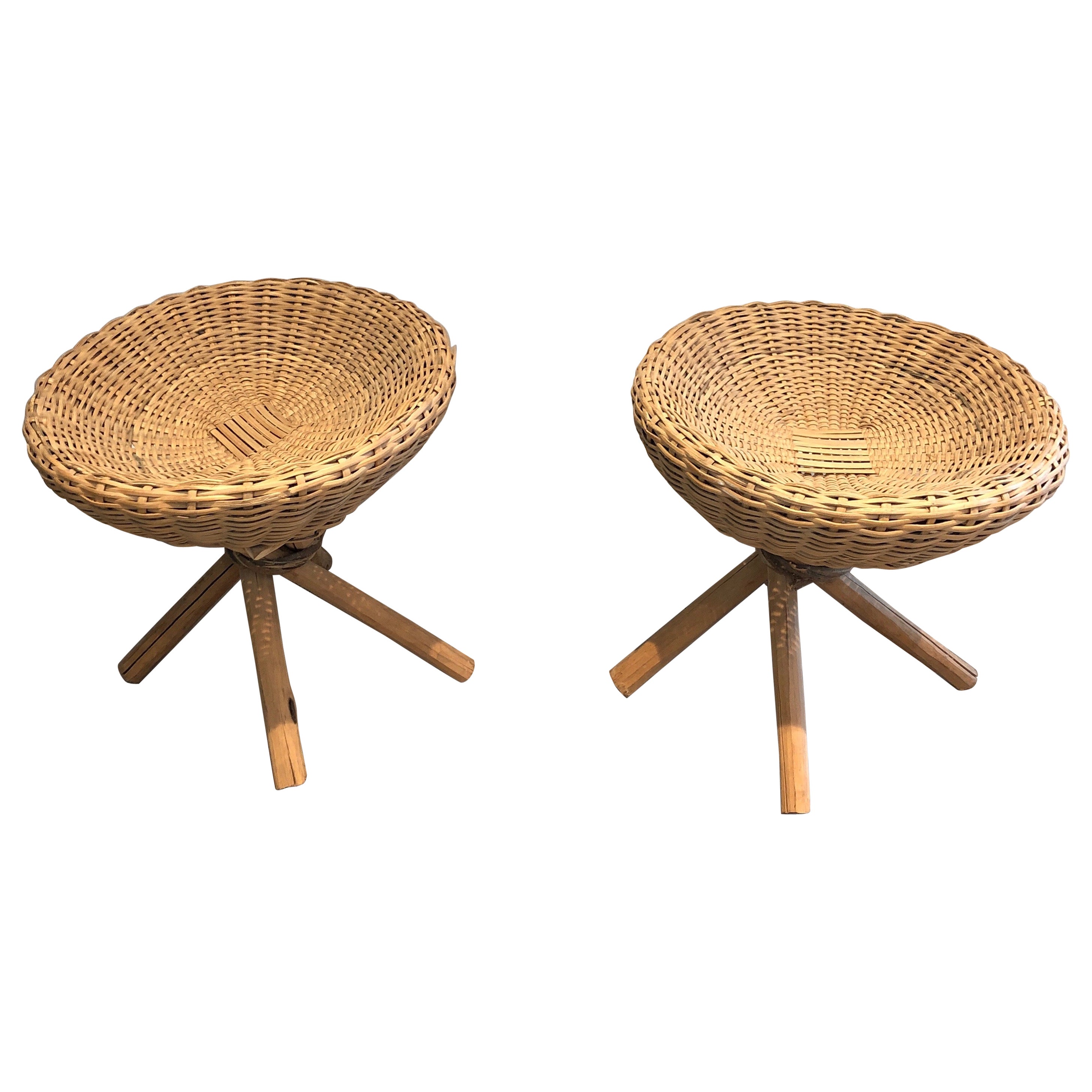 Pair of Wood and Rattan Stools, French, Circa 1970
