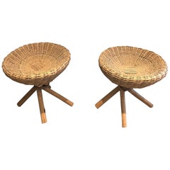 Retro Pair of Wood and Rattan Stools, French, Circa 1970