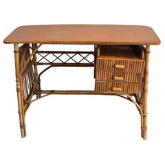 Attributed to Audoux Minet, Rattan Desk with Drawers, French, Circa 1970