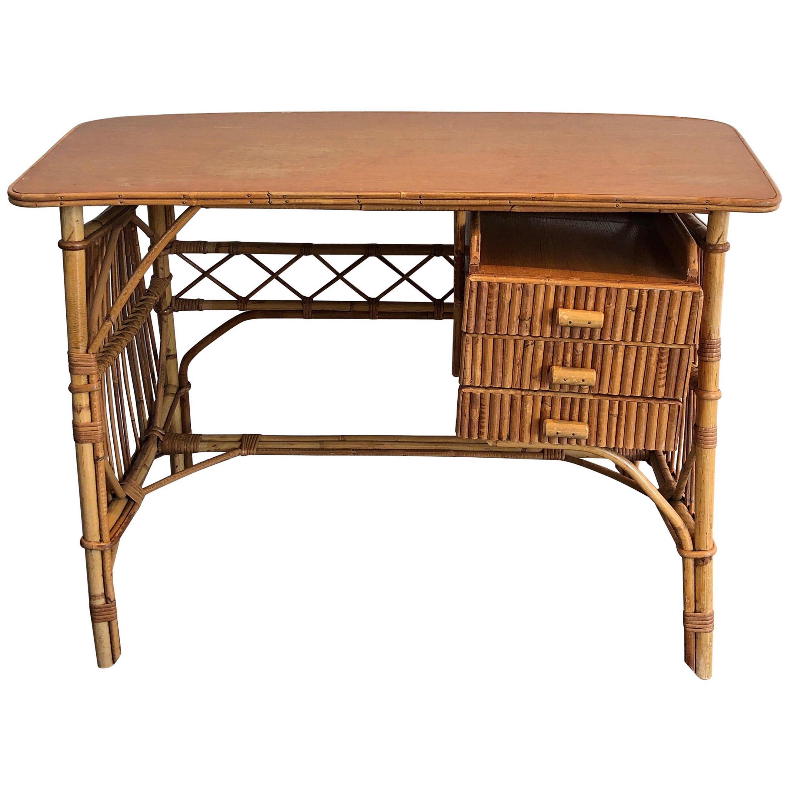 Attributed to Audoux Minet, Rattan Desk with Drawers, French, Circa 1970 For Sale